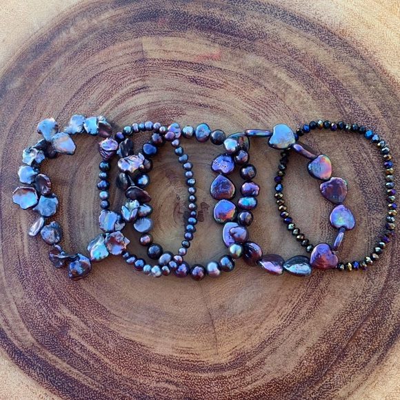 Natural Black Peacock Baroque Freshwater Pearl Cultured Bead Bracelet Stack - Picture 10 of 10